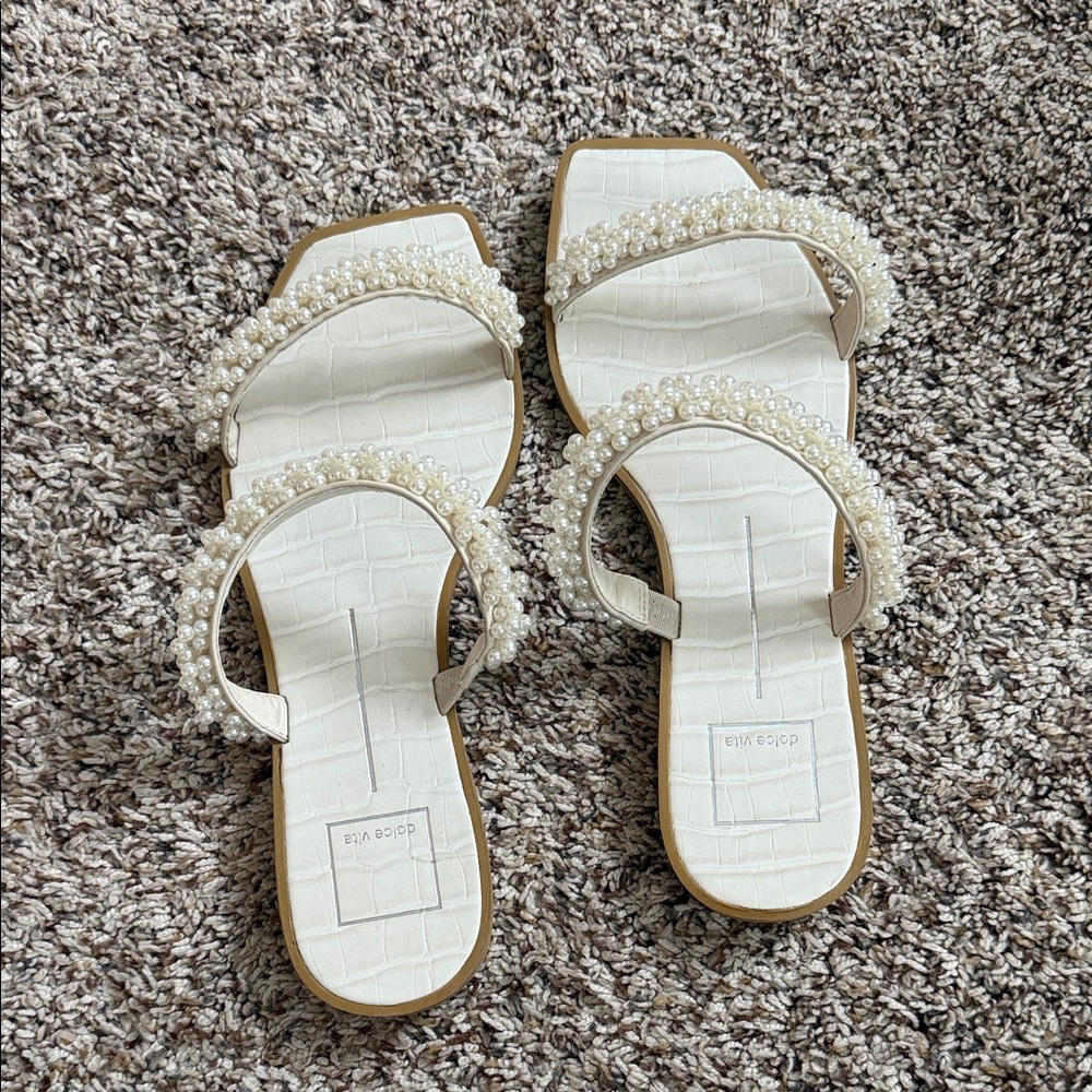 Dolce Vita Cream Pearl-Embellished Slide Sandals